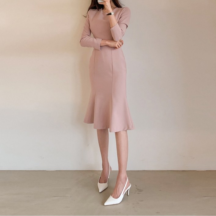 페이퍼먼츠 슬림핏 백리본 머메이드 절개 미디 원피스 23177