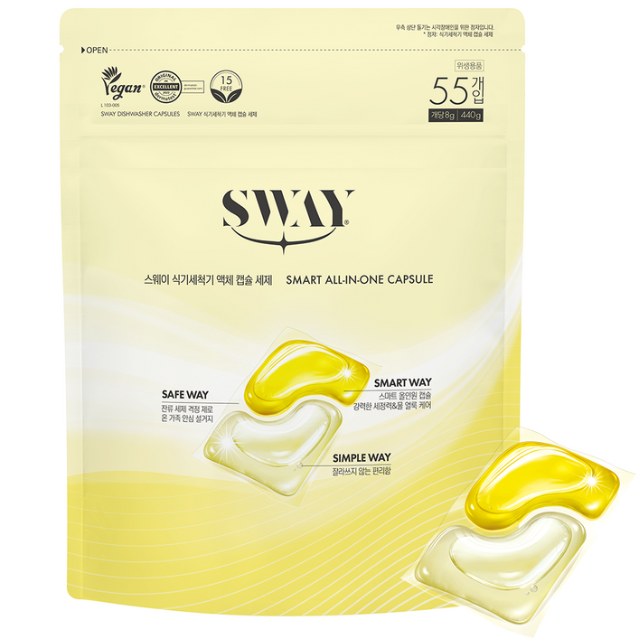 SWAY 스웨이 식기세척기세제 올인원 액체캡슐 55개입, 440g, 1개 SWAY 스웨이 식기세척기세제 올인원 액체캡슐 55개입, 440g, 1개