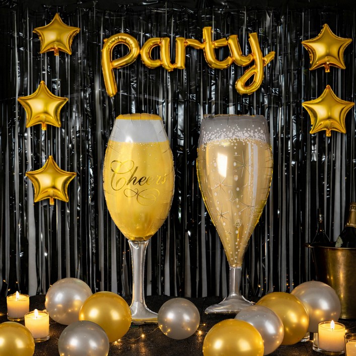 파티쇼 이벤트 커튼 블랙  와인  샴페인 은박풍선 세트