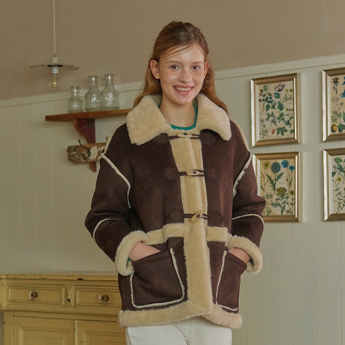 비키 여성용 토글 스웨이드 퍼 무스탕 TJJAZ2154