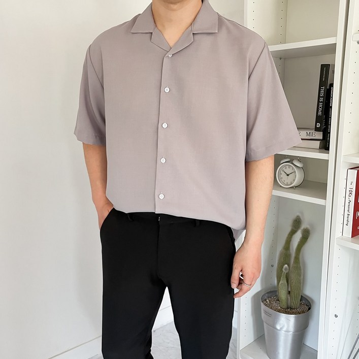 남자 오버핏 폴리 린넨 스판 구김방지 오픈카라 반팔 셔츠