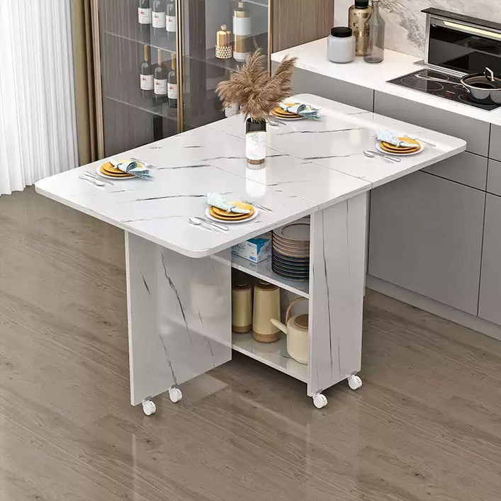 이동식 접이식 식탁 가정용 소형주택형 신축, 4인용, 화이트 마블링