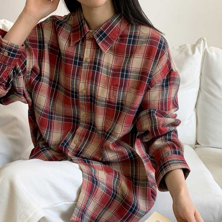 다올샵 여성 체크남방 오버핏 셔츠 긴팔 다양한컬러 브라운 네이비 레드 그린