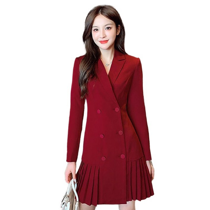 JUSTFEELING  여성 빅사이즈 플리츠 원피스 긴팔원피스 정장 코트 블랙 레드 2컬