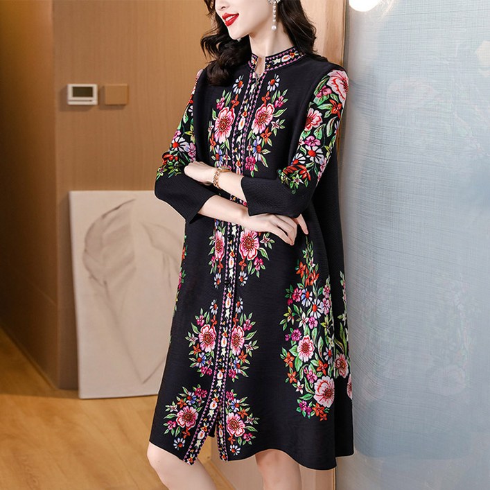 봄가을 여성 빅사이즈 루즈핏 프린트 하이넥 주름 A라인 원피스