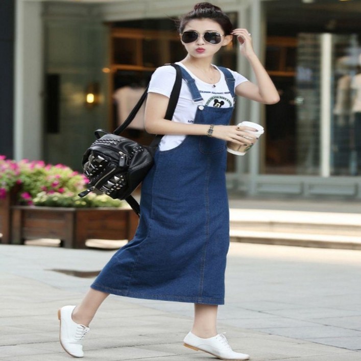 여성 데님 멜빵 롱 원피스 점프수트