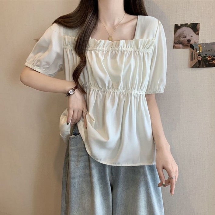 휠렉스 여성 주름 스퀘어넥 반팔 루즈핏 블라우스 JA15