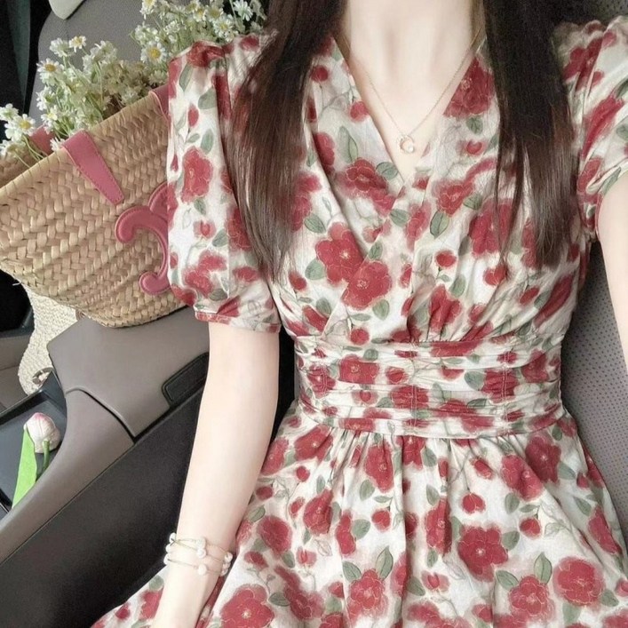 VIISHOW 여성용 봄여름 퍼프소매 플라워 브이넥 롱 원피스