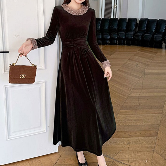 루씨앤 코아테 라운드넥 긴팔 슬림 데일리룩 럭셔리 결혼식 벨벳 여성 롱 원피스 368