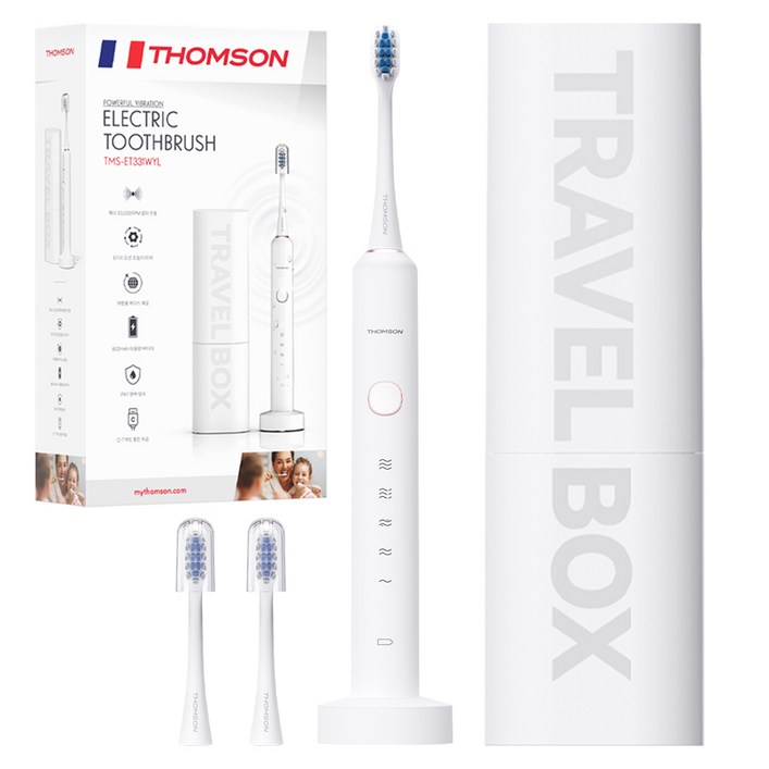 프랑스 톰슨 프리미엄 소프트 케어 IPX7 방수 초미세모 음파 전동칫솔 칫솔모  충전거치대  케이스, 1세트, 화이트, TMSET331WYL