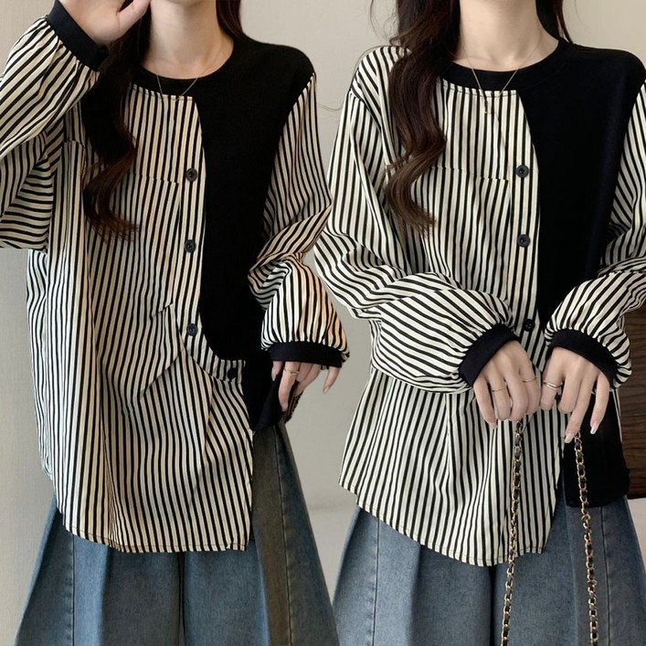 여성 스트라이프 배색 긴팔맨투맨 단추포인트 스웨트셔츠 언밸런스 후드티셔츠 C080419