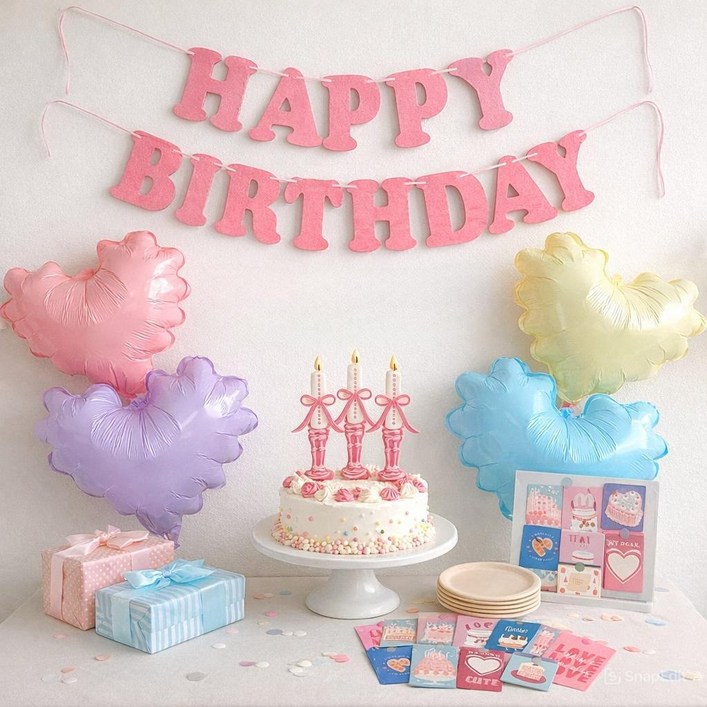 생일 파티 용품 세트 하트 풍선 가랜드 엽서 머리띠 토퍼 혼합세트