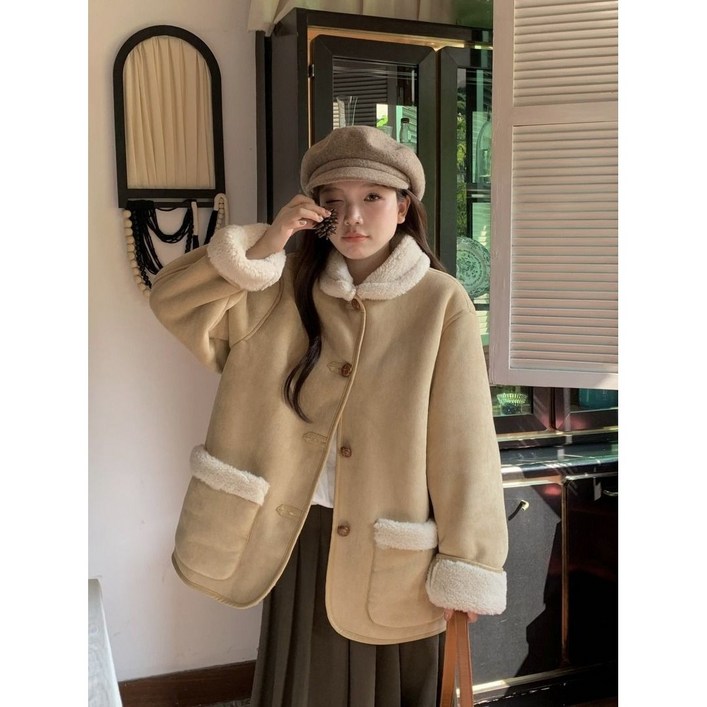 ANYOU 귀여운 양털 카라 스웨이드 무스탕 자켓 루즈핏 데일리 캠퍼스룩 겨울 아우터