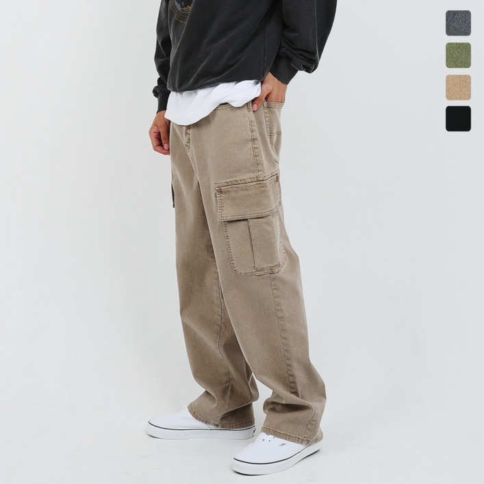 남자 피그먼트 와이드 카고 건빵바지 스판 밴딩 워크 팬츠