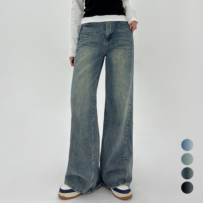 코모도 여성 와이드 청바지 절개 라인 4컬러  2단기장