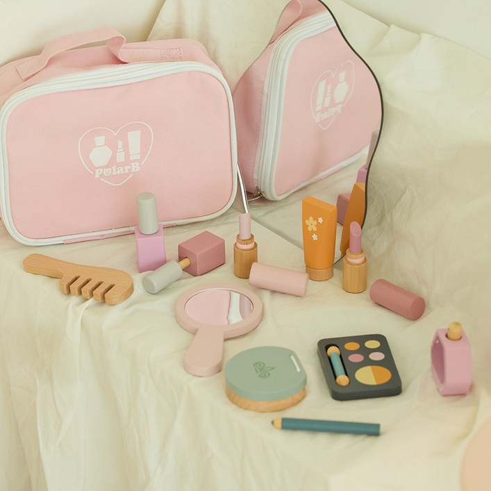 폴라비 원목 화장놀이 유아 나무블럭 역할놀이 장난감 세트, 1개, 핑크