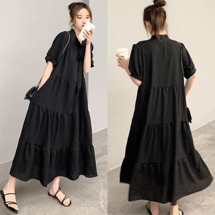 고품질 S5XL 특가상품 원피스 신상 여성 여름 무지 오버핏 주름 캉캉 리본 빅사이즈 4XL 20대30대40대 캐주얼 패션 데일리 반팔 맥시 롱 박스티 a라인 스커트