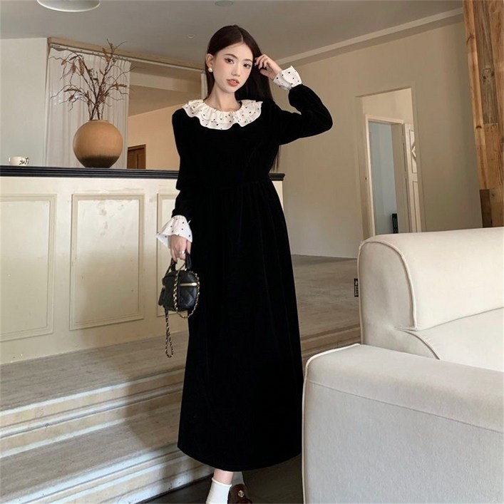 besteffie 롱원피스 여성용 큐티카라 긴팔무지 루즈핏 벨벳 원피스 배색 롱 원피스 E15 besteffie 롱원피스 여성용 큐티카라 긴팔무지 루즈핏 벨벳 원피스 배색 롱 원피스 E15
