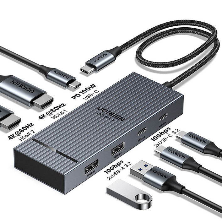 UGREEN 유그린 76 포트 10Gbps USB3.2 Gen 2 USB C 멀티허브 4K60Hz HDMI2.0 도킹 스테이션, 1개