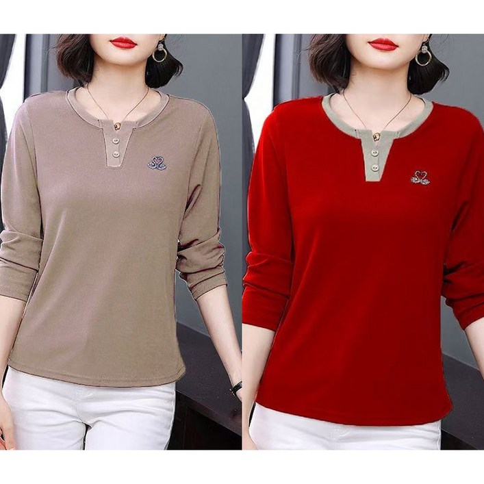 11 중년 여성 긴팔 티셔츠 캐주얼 봄 가을 풀오버 레깅스 상의 루즈핏 이너 긴팔티 기질 엄마 라운드 티셔츠 CY