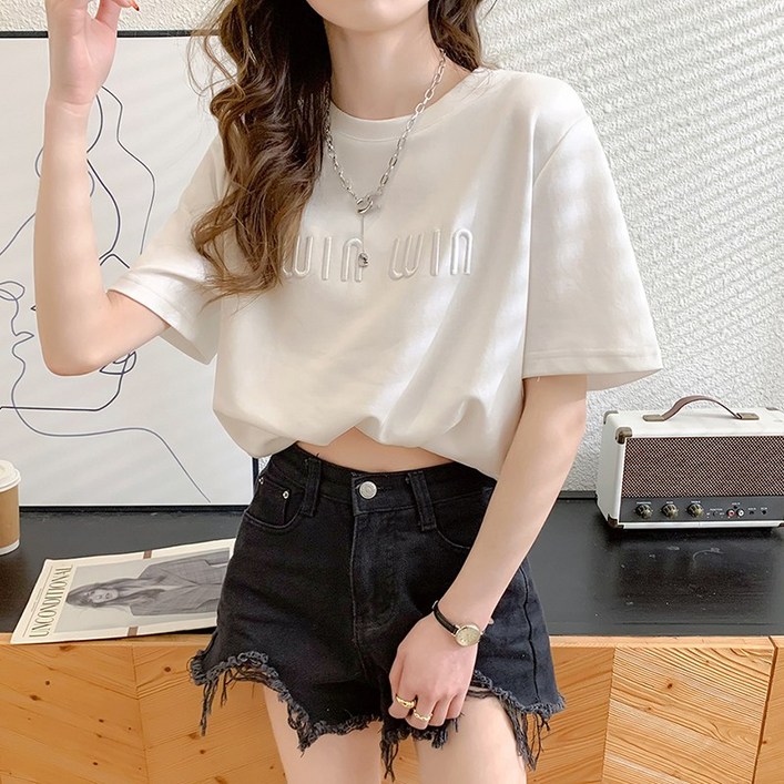 Ogfaour 여름 여자 루즈핏 자수 반팔 티셔츠 O30589 - 쇼핑앤샵