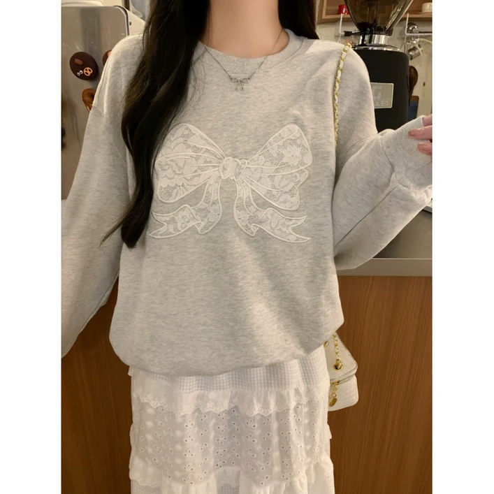 POMTOR 여성 캐주얼 루즈핏 라운드 맨투맨 오버핏 리본 긴팔 티셔츠