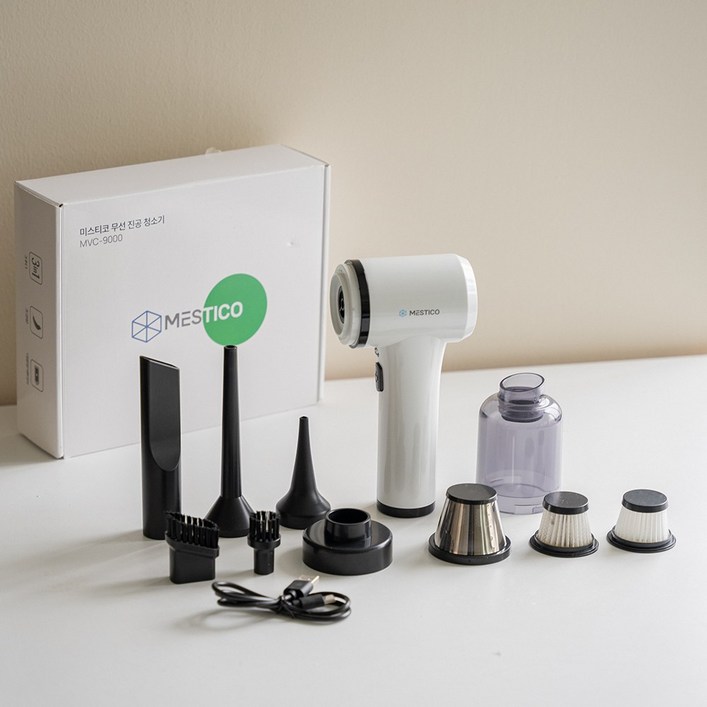 미스티코 초강력 무선 차량용청소기 에어건 겸용, 먼지보이는 그린 LED 휴대용 핸디 미니 청소기 필터 2개노즐 5종