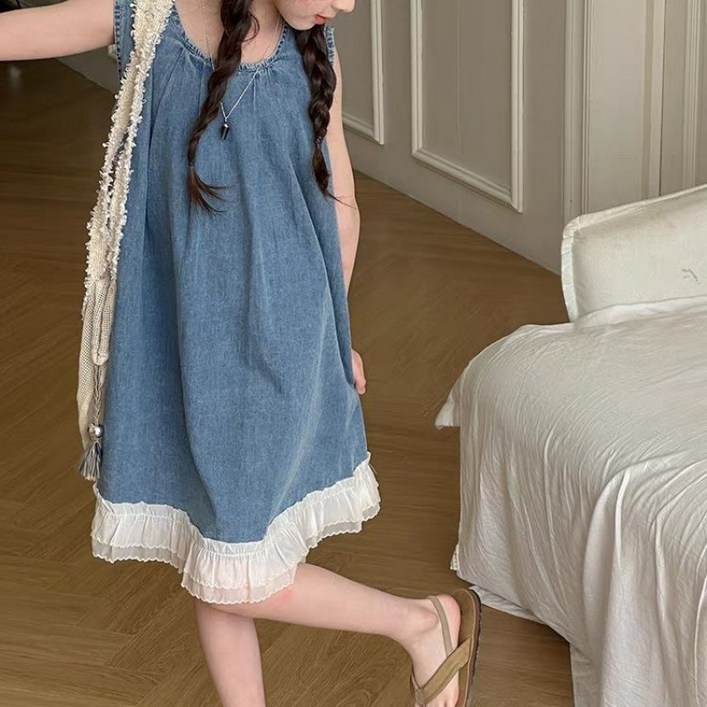 해피유통어린이 여름 청바지 스타일 민소매 원피스 레이스 장식 디자인14세 이상 XG03