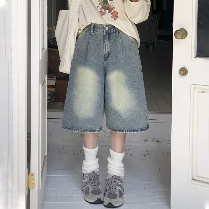 앤샵 [남녀공용/당일출고/~2XL빅사이즈] 원스 데일리 핀턱 와이드 워싱 데님 버뮤다팬츠 버뮤다 반바지 청반바지(4color)