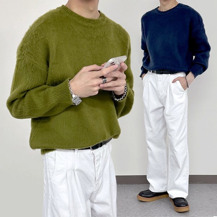 부드러운 무지 남자 가성비 모헤어 앙고라 올리브색 오버핏 라운드 니트 5C 부드러운 무지 남자 가성비 모헤어 앙고라 올리브색 오버핏 라운드 니트 5C