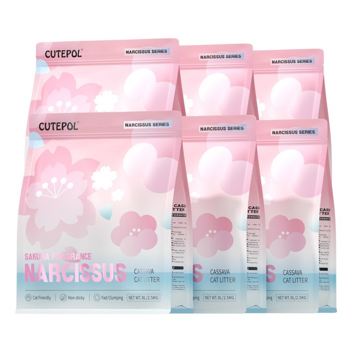 CUTEPOL 카사바 고양이모래 먼지없는 캣 리터 응고형 극세입자, 벚꽃 향, 6개, 2.5kg