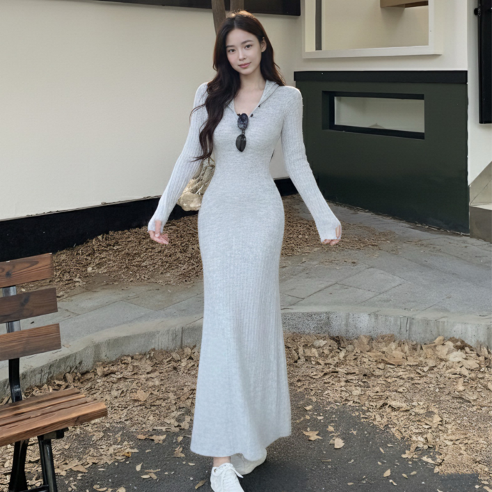 골지 니트 후드 롱 원피스 슬림 겨울 가을