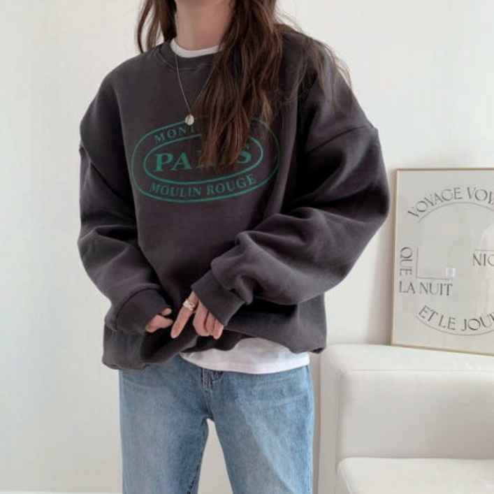 여성 티셔츠 기모 추가 내추럴 루즈핏 레터링 데일리 맨투맨