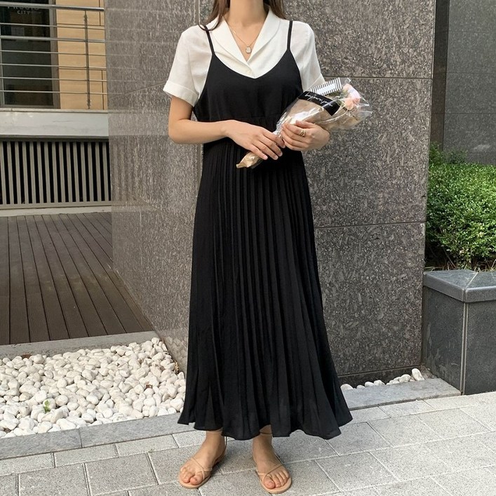 뷔스티에 플리츠 롱 원피스 블랙 아이보리 핑크