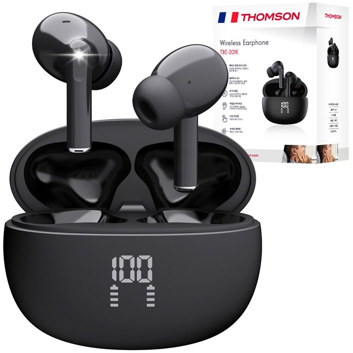 프랑스 톰슨 ENC 노이즈 캔슬링 LED 블루투스 6.0 이어폰 무선 방수, 블랙 TBE201K
