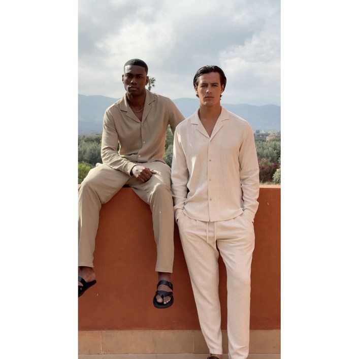 재고 정리 한정 수량 이벤트 노부NOVU 남성용 봄가을 오트밀 린넨 혼방 긴팔 셔츠  팬츠 셋업 세트 트렌디 캐주얼 룩