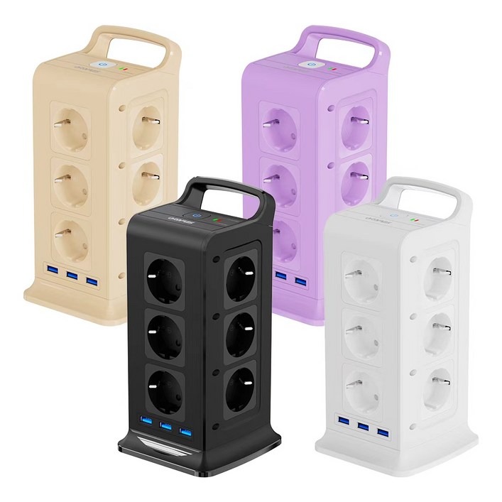 ORDFLES 12구3USB 고속 충전고용량 4000W 과부하차단 타워형 멀티탭, 1개, 블랙, 2m