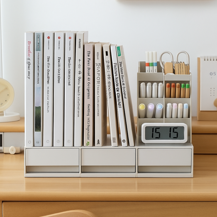 라온프리 3단 수납 서랍 책꽂이, 화이트연필꽂이