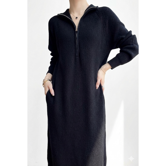 보씨엘 지퍼 카라넥 골지 미디 원피스 H라인 긴팔 가을 겨울 일자핏 CLBF1089