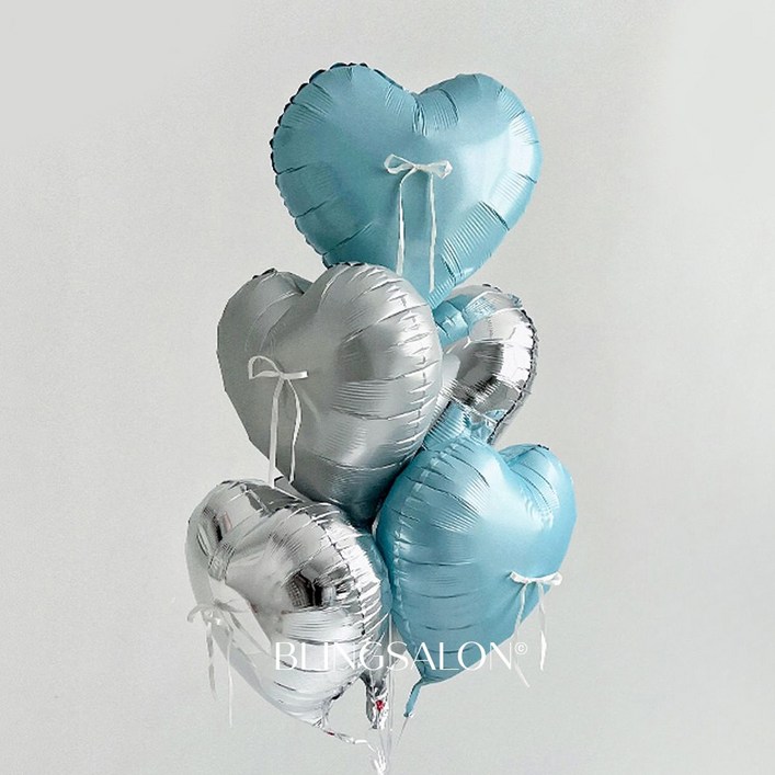 블링살롱 리본 포인트 하트 알루미늄 스탠드 풍선세트 6P 생일파티 프로포즈 셀프촬영, 블루실버
