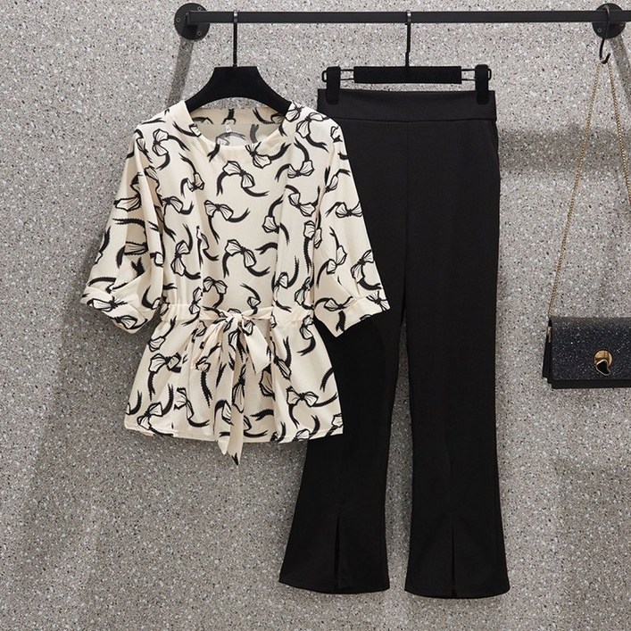 프린트 끈 탑 라운드부츠컷 세트