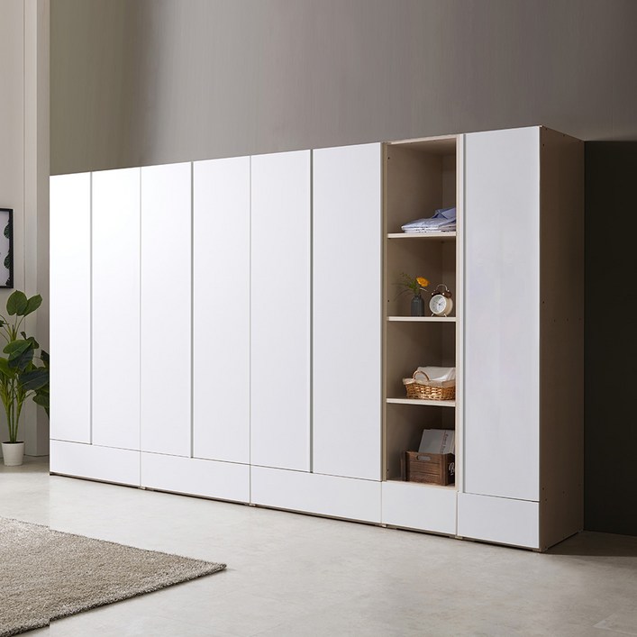 하이로 3670 오픈세트 수납옷장이불장2단옷봉장470오픈선반장470반문옷장 화이트 거울선택, 화이트