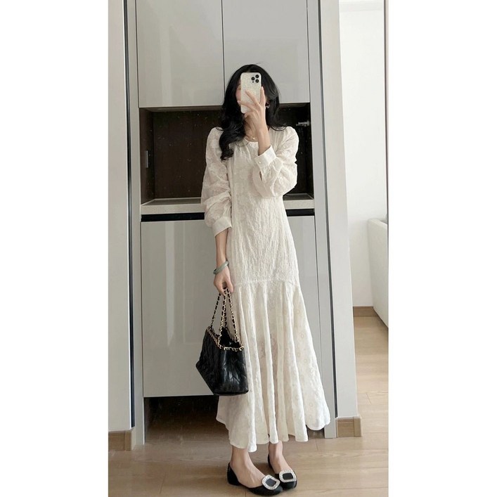 휘잇 여성 자수 쉬폰 레이스 프릴 롱 원피스