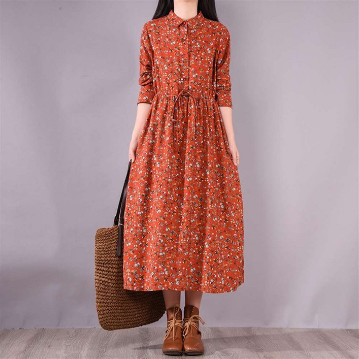 MOSAIRATION 봄가을 루즈핏 빅사이즈 조임벨트 잔꽃무늬 프린트 중년여성 긴팔 원피스 D16