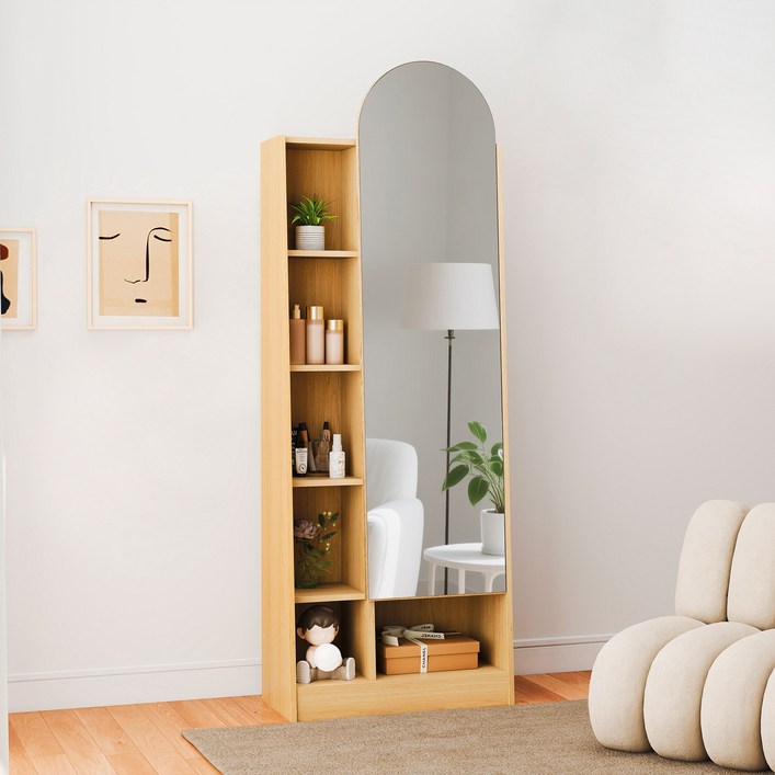 루시 와이드 수납 전신거울 600, 원목색