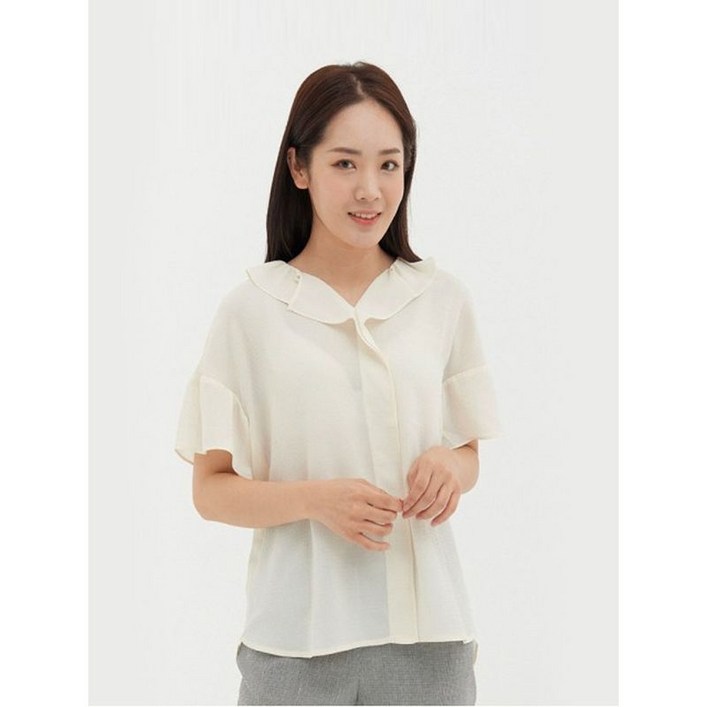 크로커다일레이디 라이트옐로우 브이넥 프릴 포인트블라우스 CLBMBL123
