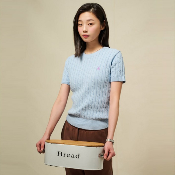 빈폴 레이디스 BEANPOLE LADIES Essential 코튼 케이블 라운드넥 반소매 풀오버 스카이블루 BF5251E01Q 406370