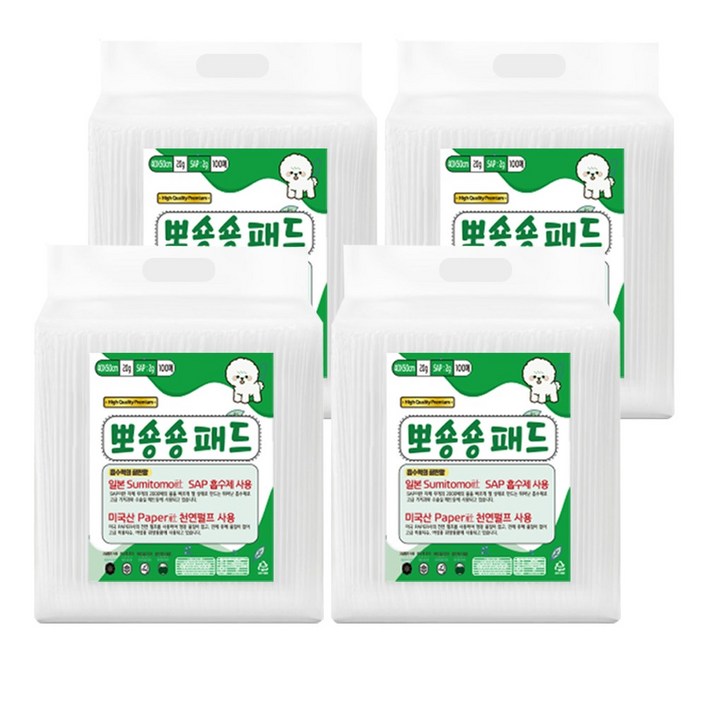 강아지 배변패드 일본산 고흡수 SAP 천연 미국산 펄프 40X50cm 100매 뽀숑숑패드 쉬패드, 4개, 100개입