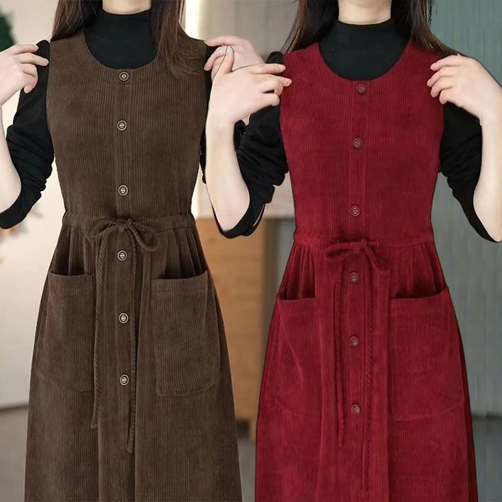 간절기 민소매 날씬해 민소매 원피스 부드럽고 패션 시크 허리 스트링 멜빵원피스