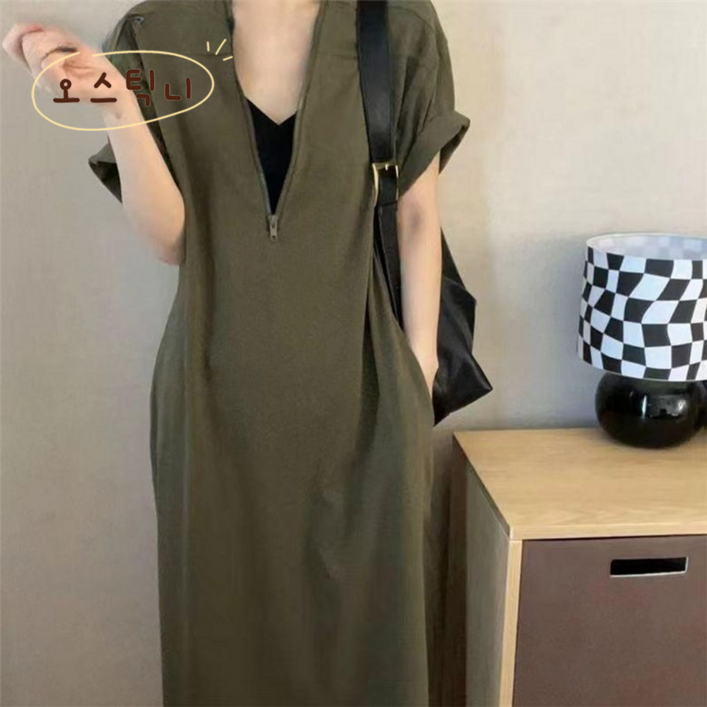 오스틱니 땡처리 특가상품 130kg까지 빅사이즈 여성 여름 집업 순색 빈티지 반팔 원피스 날씬해보이는 루즈핏 박스 프렌치 헵번 지퍼 심플 큰옷 여성의류 큰언니 롱원피스 이월상품